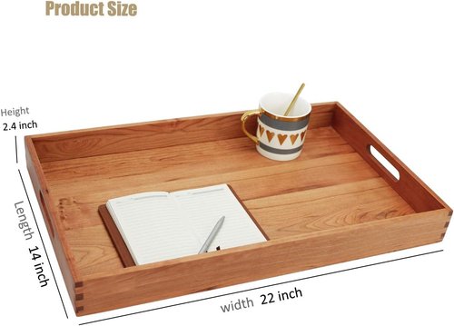 Cherry Wood Ottoman Tray - Large 22 x 14 Inch Rectangle with Handles for Serving Tea, Coffee, or Breakfast