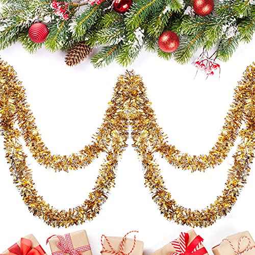 Geosar 26.2 Feet Christmas Tinsel Garland Decoration Metallic Tinsel Twist Garland Halloween Christmas Tree Artificial Hanging Ornament for Birthday Party Decoration(Light Gold, Silver)