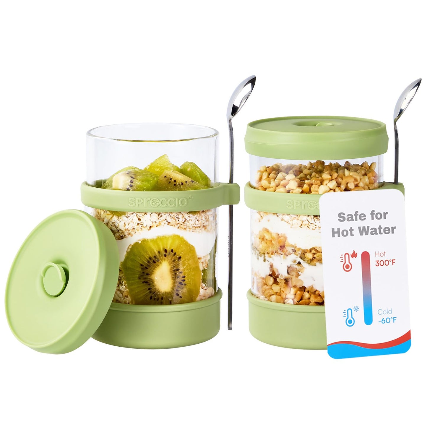 Spreccio Glass Overnight Oats Containers with Lids of Silicone and Spoon 16 oz [2 Pack], Airtight Overnight Oats Jars with Silicone Lid, For Yogurt Containers Chia Pudding Jars Snack Spice (Green)