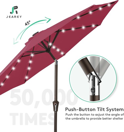 JEAREY 9FT Outdoor Patio Umbrella - LED Lighted with Solar Lights, Tilt & Crank - Burgundy Color for Deck & Yard