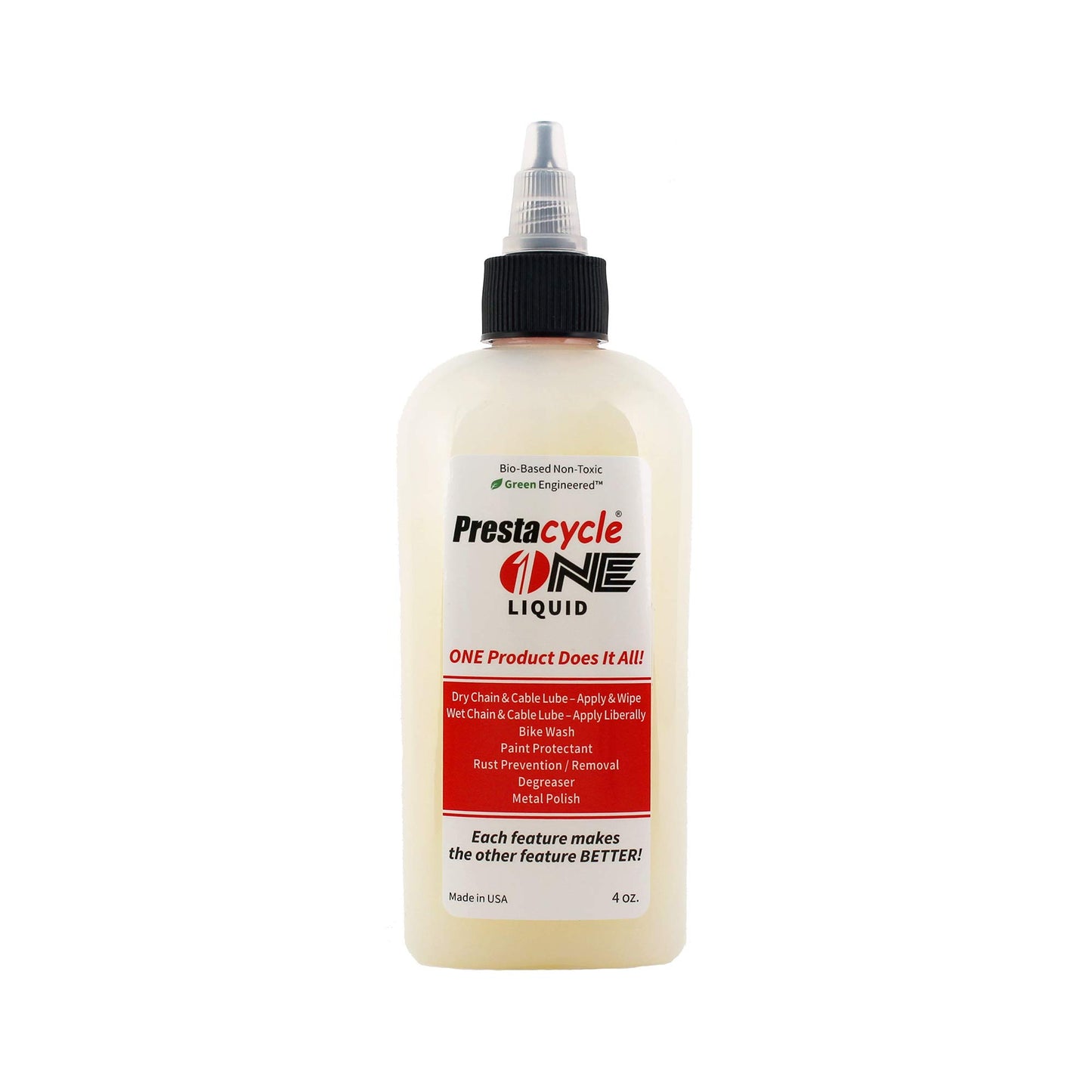 Prestacycle One Liquid - 4 Oz – All-in-One Bio-Based Bicycle Lube, Degreaser, Cleaner, Rust Remover & Protectant, Wet & Dry Chain Lubricant, USDA Certified, No Petroleum or Alcohol