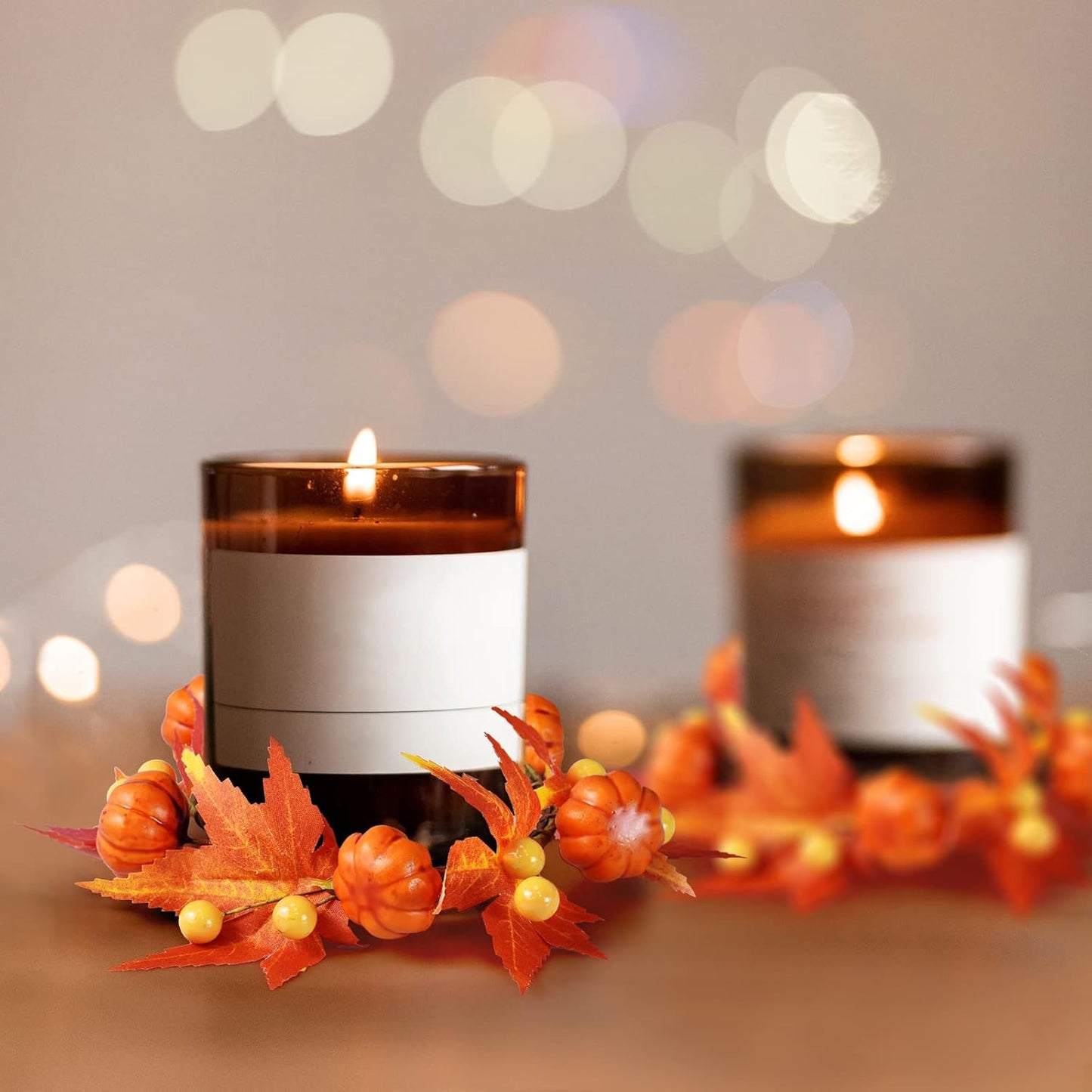 Skiennix Fall Candle Rings - Artificial Pumpkin & Maple Leaf Wreaths for Autumn Decor | 3.1" ID / 7" OD