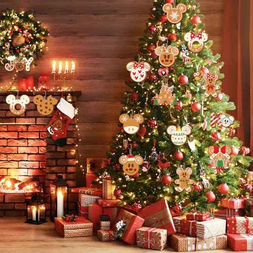 24pcs Gingerbread Christmas Tree Decorations Wood Hanging Ornaments Mouse Joy Pattern Gingerbread Christmas Ornaments for Tree Winter Holiday Hanging Decor Indoor