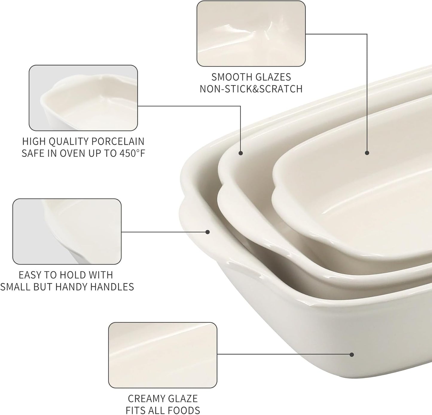 Skiennix 3-Pack Ceramic Baking Dishes Set - Heavy-Duty Oven-Safe Stoneware | Deep Rectangular Casserole Pans (13.8''/12''/9.6'' Pure Off-White)