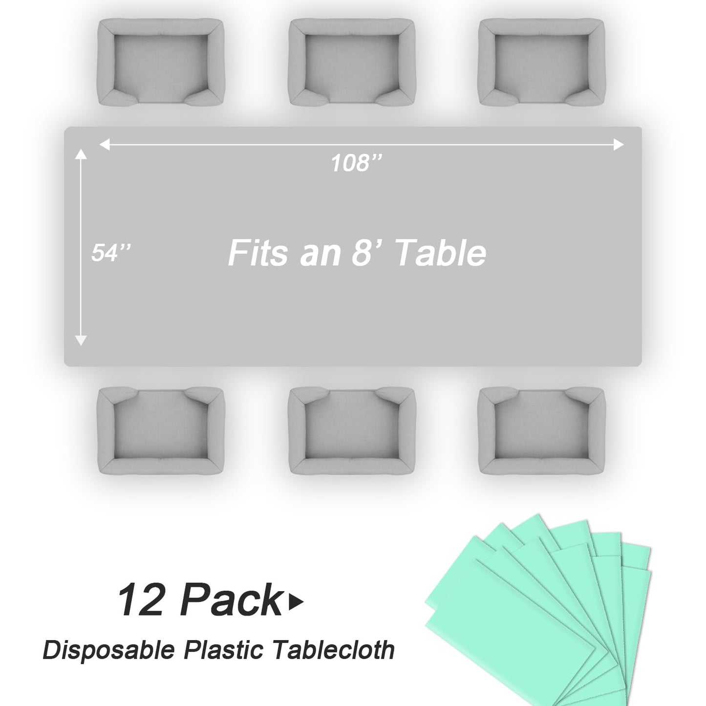 QIKSION Fresh Mint Plastic Table Cloth Disposable 12 Pack, 54 x 108 Inch Tablecloths for Party, Birthday, Rectangle Table Cover