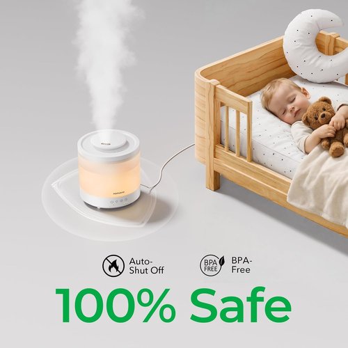 Homvana Small Humidifiers - 1.5L Cool Mist Top Fill for Baby Nursery | 3-in-1 Essential Oil Diffuser, 7 Color Lights