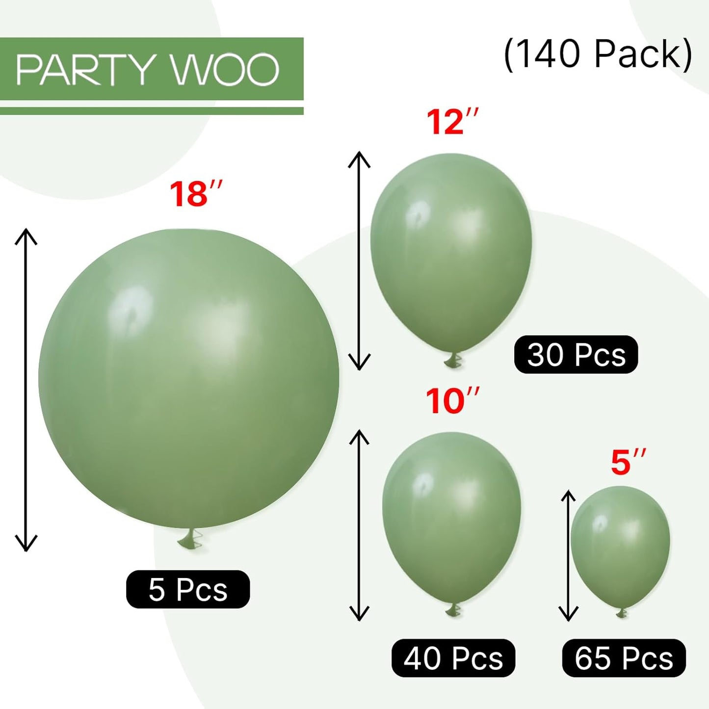 PartyWoo Sage Green Balloons - 140-Piece Boho Balloon Arch Kit for Jungle Birthday Parties | 5-12 Inch Sizes