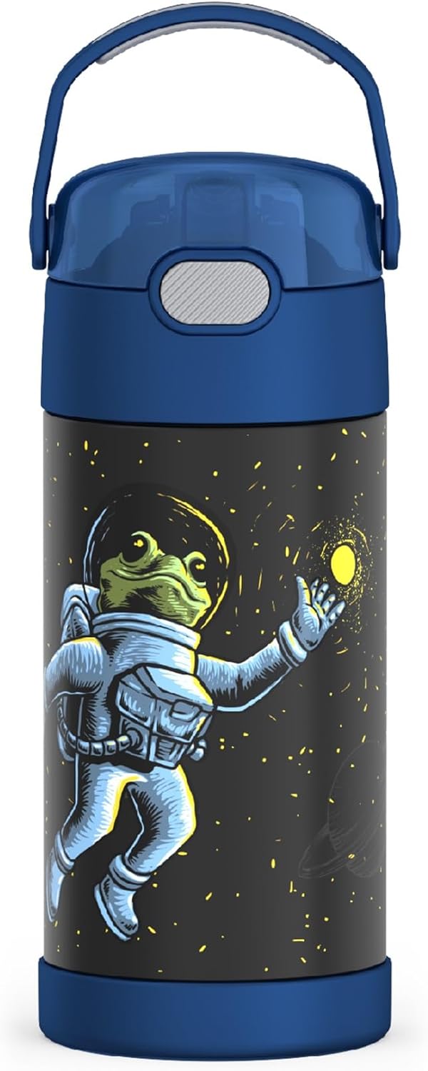 THERMOS FUNTAINER Water Bottle - 12 Ounce Kids Stainless Steel Vacuum Insulated with Straw | Space Frog Design