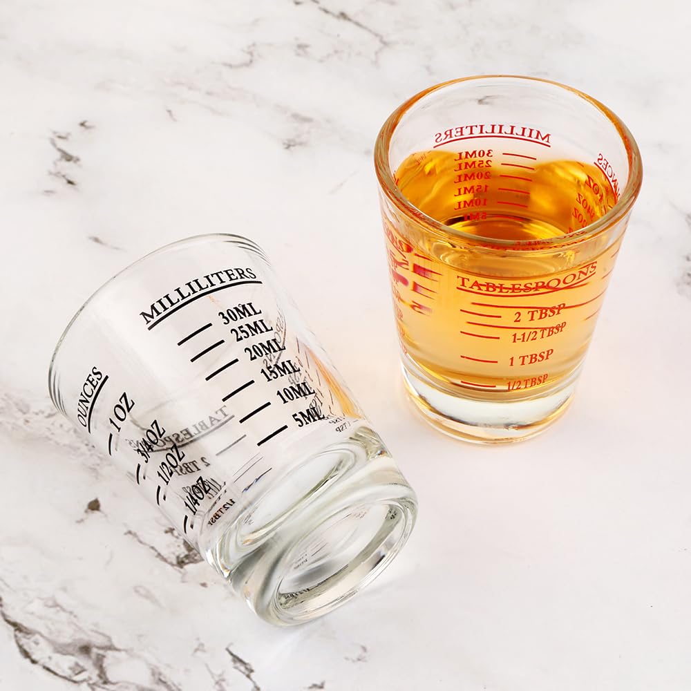 BTGLLAS Set of 2 Shot Glasses - Heavy Glass, Perfect for Measuring Espresso, Wine, and More 26-Incremental Measurement 1oz, 6 Tsp, 2 Tbs, 30ml (2, Red+Black)