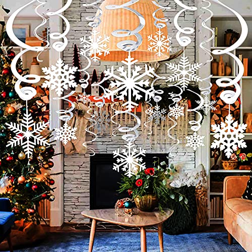 40Ct Christmas Snowflake Hanging Swirl Decorations,Christmas Hanging Ceiling Streamers Snowflake Hanging Swirls and Strings Decoration, Winter Party Wonderland Xmas Holiday Decor Supplies