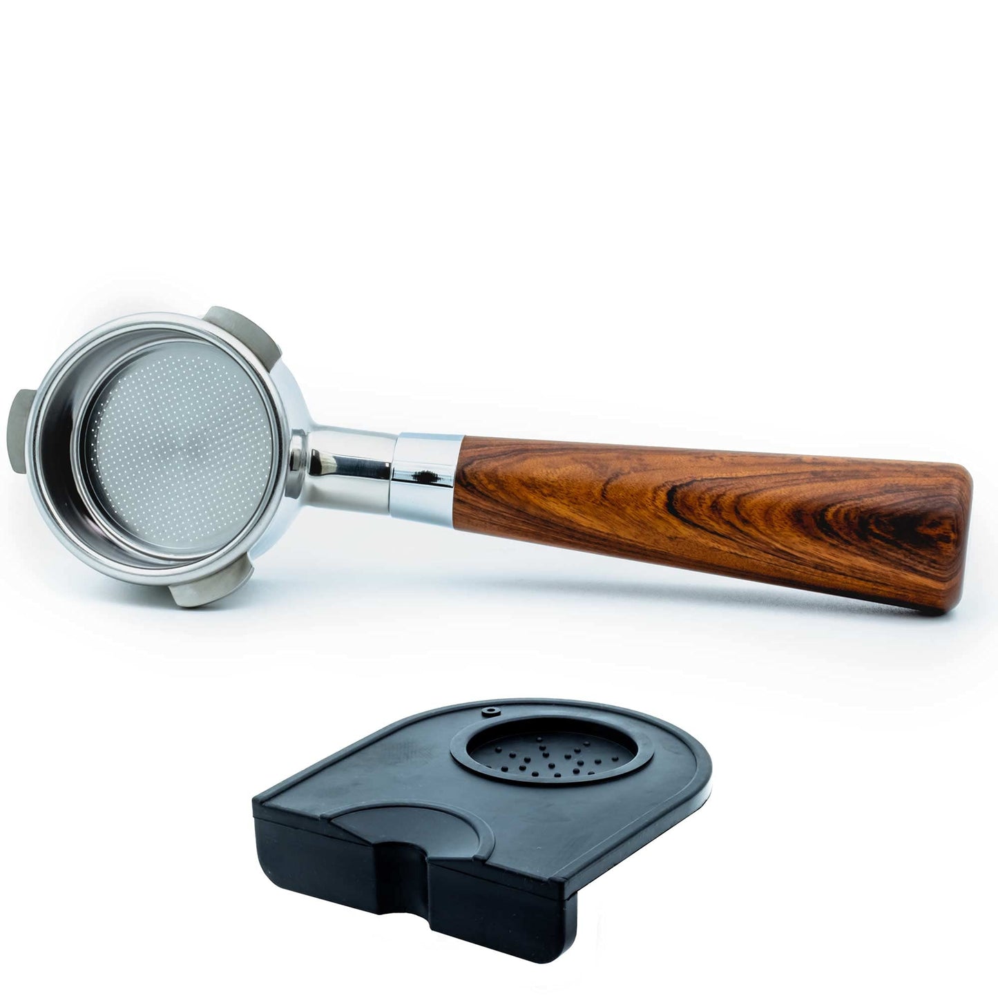 Evergreen Coffee | 54mm Bottomless Naked Portafilter Wood Handle with filter basket + Tamp Mat 304 Stainless Steel. For Breville Barista Express Pro touch, BES870XL, BES870BSXL, BES78VSS, BES880BSS