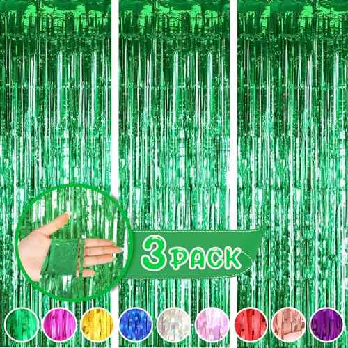 Green Curtains for Party, 3 Pack 3.2ft x 8.2ft Green Streamers, Birthday & Football Party Decorations, Jungle Theme, Photo Booth Props