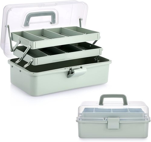 BTSKY 3-Layer Craft Organizer - Adjustable Spacers & Portable Handle - Haze Green Storage Box