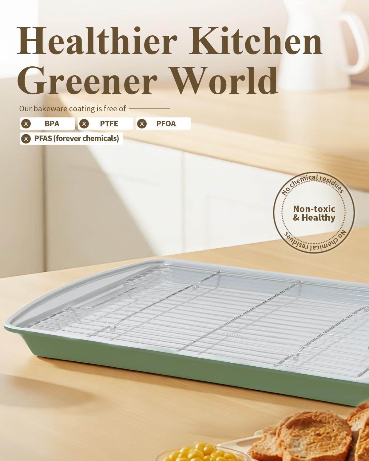 Nonstick Crisp Baking Tray - Ceramic Coating Jelly Roll Cookie Sheet Pan | 15x10, Oven Safe 550°F, PTFE & PFOA Free, Pistachio Green