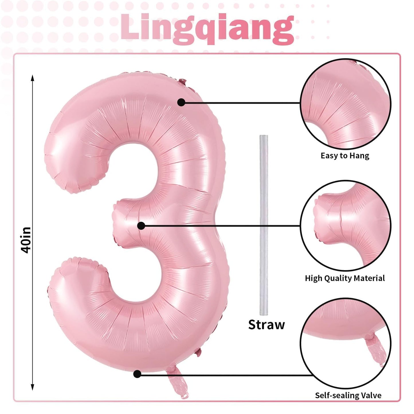 Pastel Pink Number 3 Balloon, 40 Inch Giant Pearl Light Pink Helium Foil Number 0-9 for Girls, Self Inflating 3rd Birthday Balloon for Women Anniversary Baby Shower Princess Party Decorations Supplies