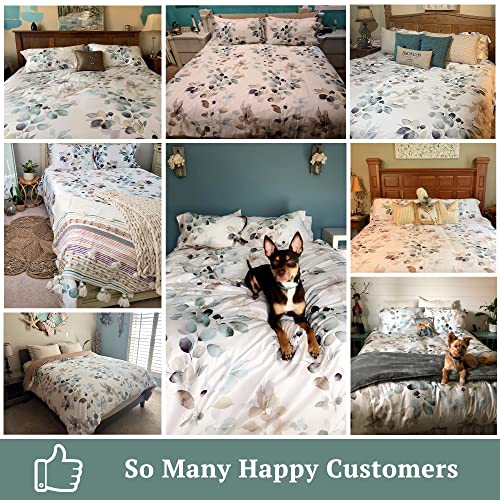King White Brown Floral Green Leaves Duvet Cover Set 3pcs - No Comforter