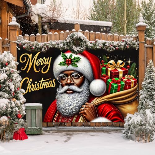 Merry Christmas Banner, African American Santa, 71x43 in - BlissYard, Indoor/Outdoor Holiday Decoration (Variation: Merry Christmas Banner#1)