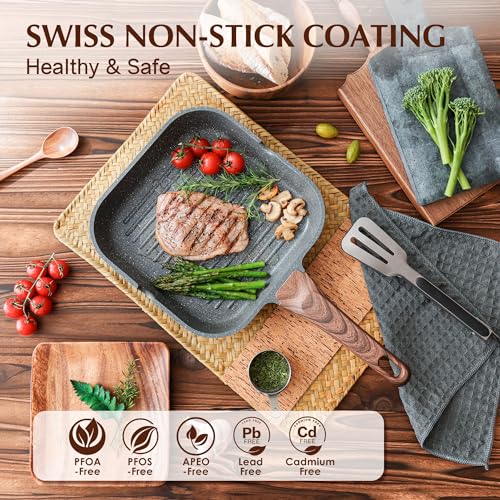 Gray Granite 12-Inch Nonstick Grill Pan for Stove Tops - Versatile Indoor & Outdoor Skillet with Pour Spouts