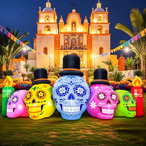 7FT Halloween Inflatable Skull Decoration with LEDs - Dia de Los Muertos Yard Decor