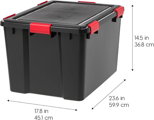 IRIS USA WeatherPro 74 Qt Storage Bins - BPA-Free Plastic with Tight Seal & Latch | Stackable Black/Red 4-Pack