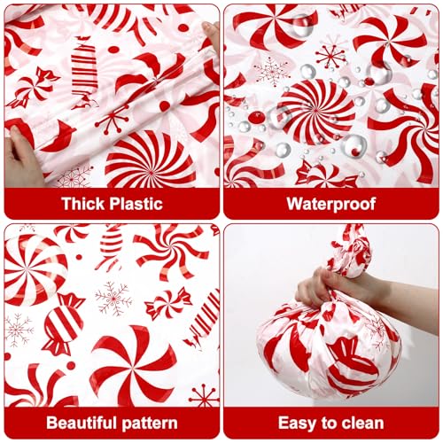 52 Inch x 100 Ft Christmas Plastic Tablecloth Roll - White & Red Candy Cane Design, Disposable Holiday Cover