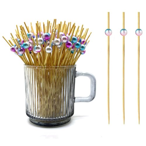 120 pcs 5.9in long Pearl Cocktail Picks, Gradient Color Ball Food Sticks Charcuterie Boards Accessories,Bamboo Skewers for Appetizers Drinks Fruit.