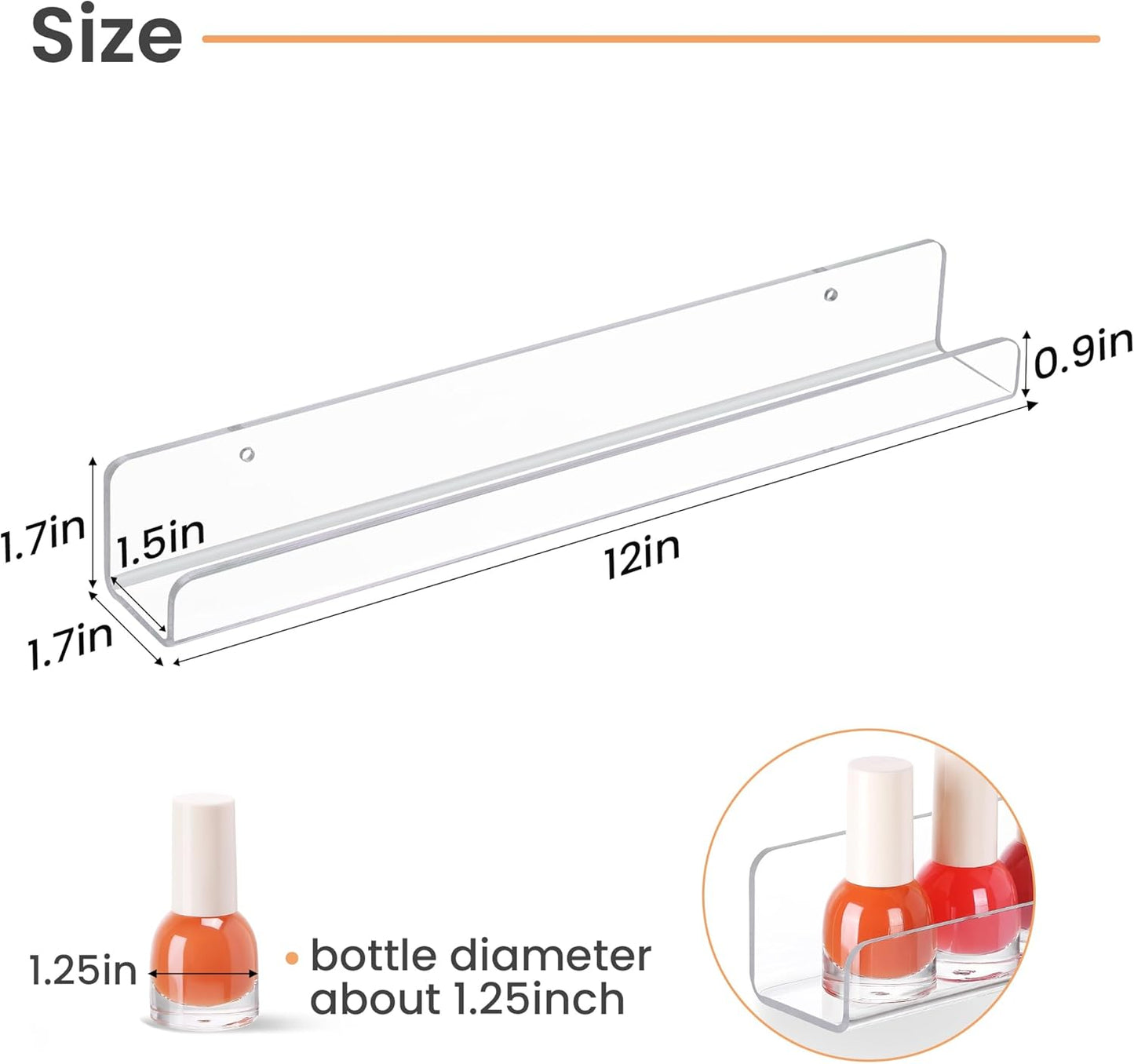 Upsimples Clear Acrylic Wall Shelves - 6 Pack, 1.7" x 12" for Nail Polish, Vinyl Records & Magazines