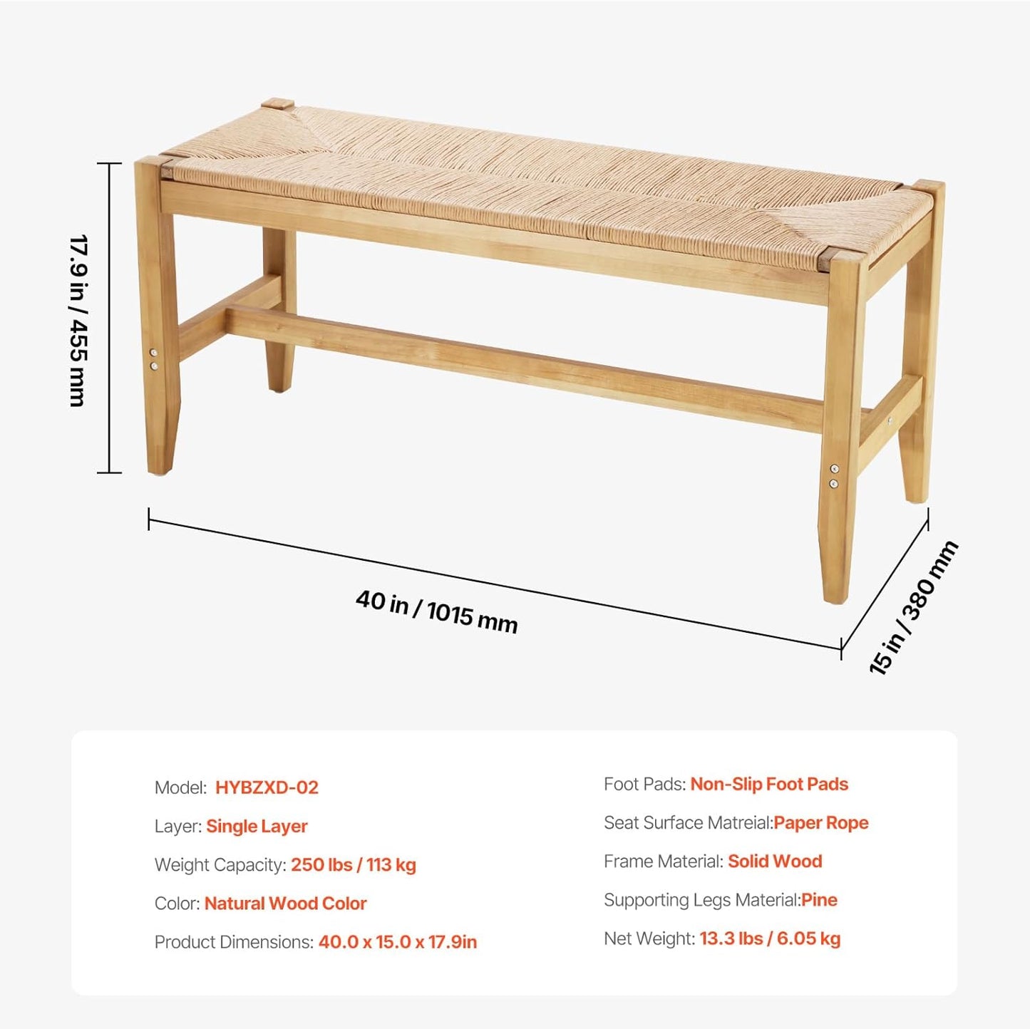 VEVOR Rattan Bench - 40" Wooden Entryway Bench with Oak Legs | Hand-Woven Boho Design for Living Room & Bedroom