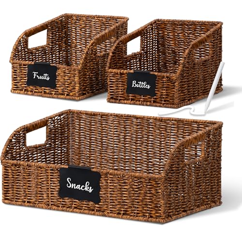 Brownlily Faux Wicker Pantry Storage Baskets - Brown, 3-Piece Set