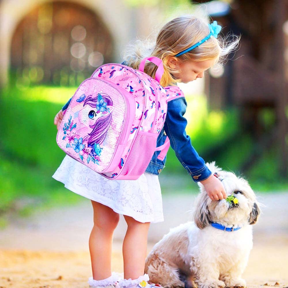 KLFVB Toddler Backpack for Girls, Cute Unicorn Bookbag for Little Kids, 12” Sequin Kindergarten Preschool Schoolbag