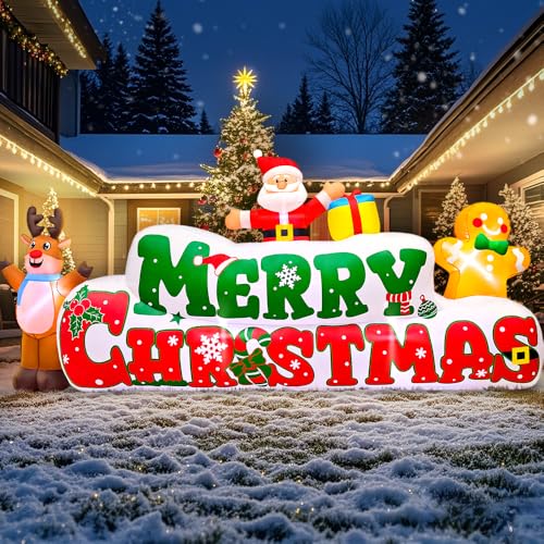 10FT Christmas Inflatable Yard Decoration with Santa, Gingerbread & Reindeer - Built-in LED Lights (Banner Variation)