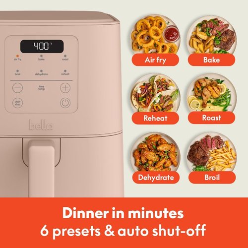 Bella 4Qt Slim Air Fryer - EverGood™ Ceramic Nonstick Coating, Adjustable Temp, 6 Cooking Presets, Blossom Color