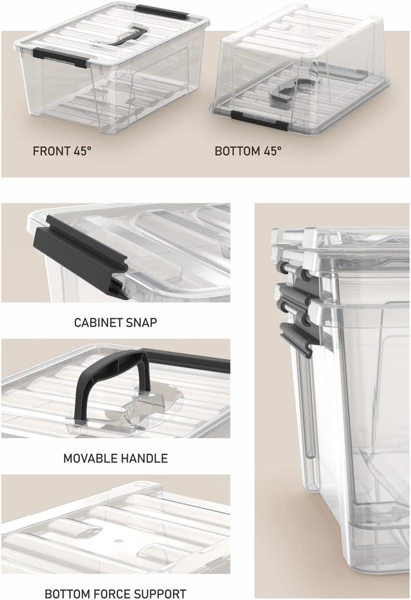 WYT Clear Storage Latch Bins - 6-Pack Organizer Box with Handles & Lids | 5-Litre Capacity