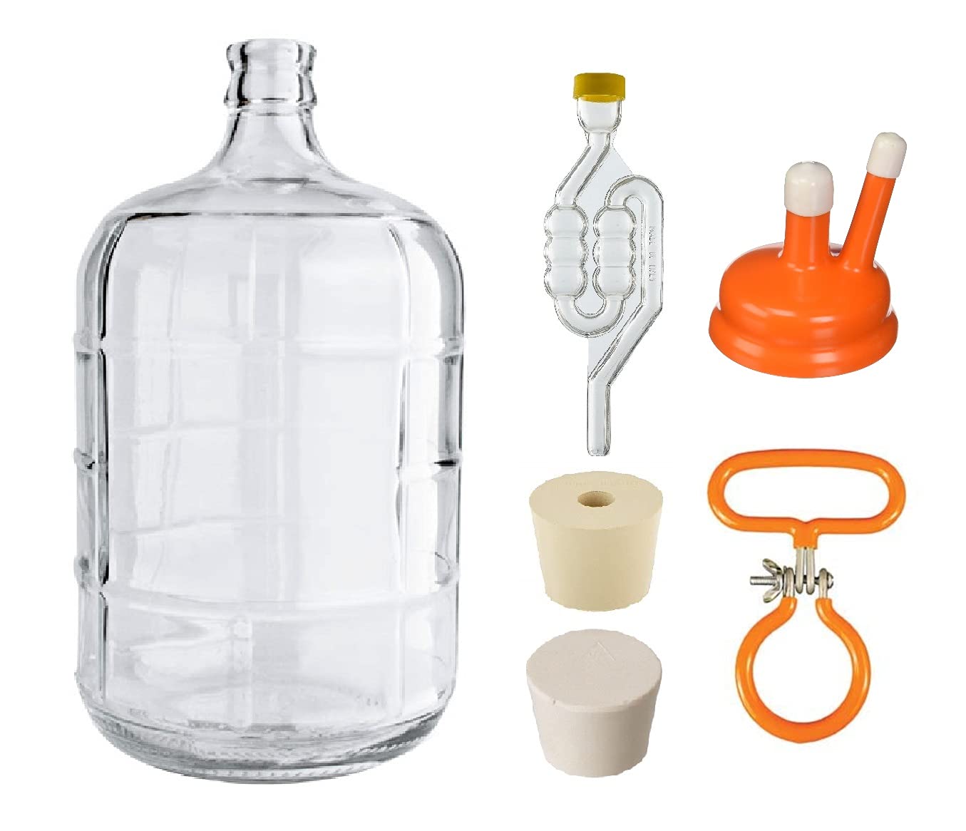 North Mountain Supply 3 Gallon Premium Italian Glass Carboy Fermenting Jug - With Drilled & Undrilled Rubber Stoppers, 6-Bubble Airlock, Carboy Handle and Cap
