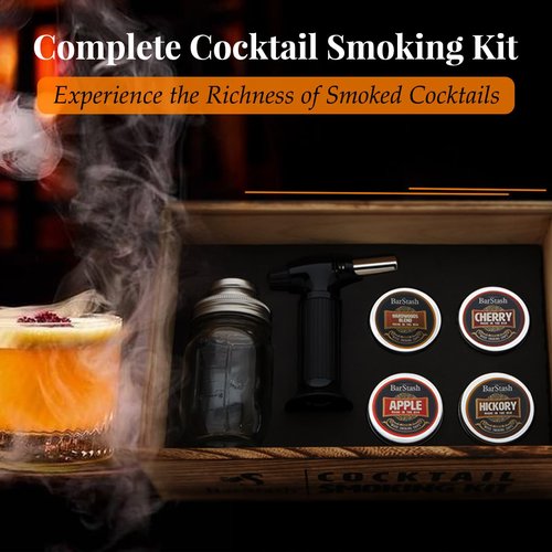 BarStash - Whiskey Smoker Kit with Torch, Cocktail Smoker Kit with Burnt Wood Box, Birthday Gifts for Men, Bourbon Whiskey Gift for Men, Old Fashioned Smoker Kit, Drink Smoker Infuser Kit