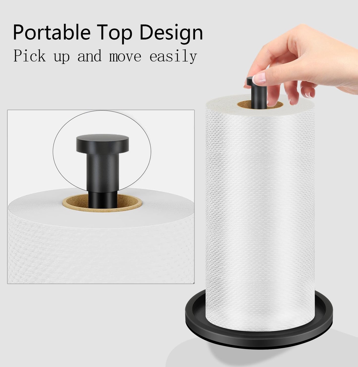 Paper Towel Holder Countertop, Stainless Steel Standing Paper Roll Holder with Anti Slip Weighted Base, Freestanding Paper Towel Holders for Kitchen, Matte Black
