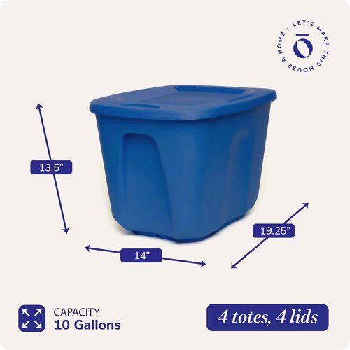 HOMZ 10 Gallon Durable Molded Bin - Stackable Plastic Storage Containers with Lids, Blue | 4-Pack for Home Organization