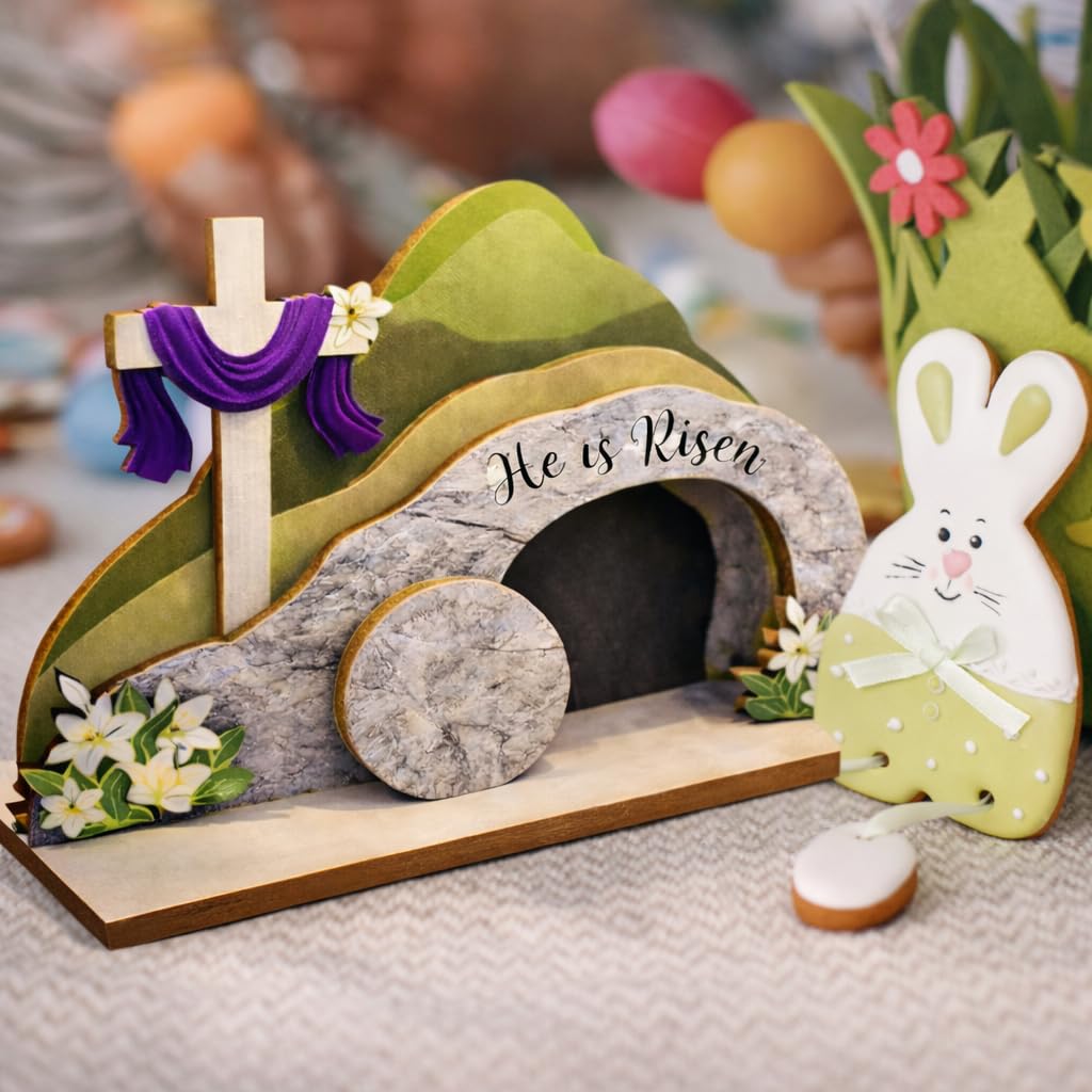Lemonus He is Risen Easter Nativity Set - Empty Tomb Decor with Stone Texture & Scripture Verse | Christian Easter Tabletop Display for Home, Church Altar | Religious Resurrection Decorations