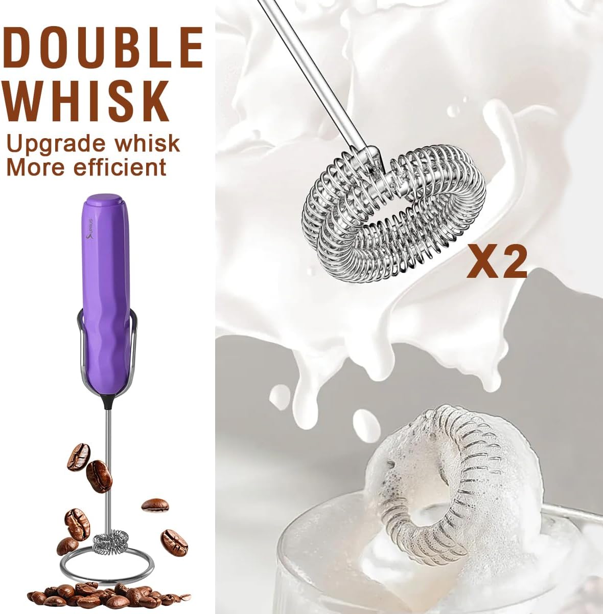 SUPRUS Ultra-Fast Handheld Milk Frother - Double Whisk with Stand & 2 Batteries | Stainless Steel for Lattes, Cappuccino, Matcha, and More