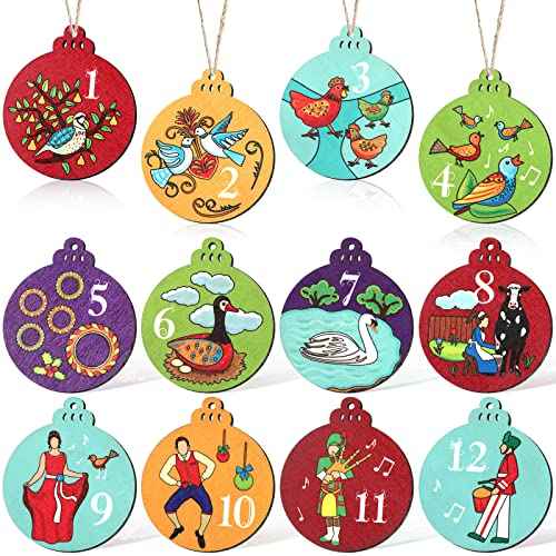 12 Pieces 12 Days of Christmas Ornaments Wooden Set 3.15 Inch Colorful Xmas Twelve Days of Christmas Hanging Ornaments for Xmas Tree(Round Style)