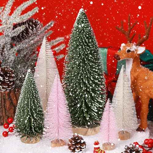 6pcs Mini Christmas Trees Christmas Decor, Artificial Christmas Mini Bottle Brush Trees Tabletop, Christmas Decoration Trees with 4 Size Xmas Holiday Decor (6pcs Green+Pink+Beige)