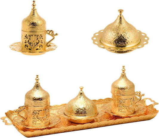 Alisveristime Authentic Turkish Coffee Cup Set: Zamak & Porcelain, Tulip Motifs (Set of 2) (Lale) (Gold)
