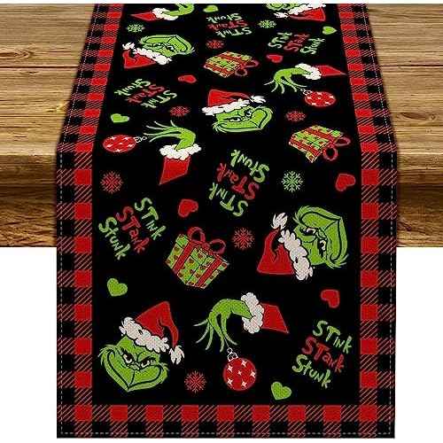 Pudodo Christmas Table Runner Merry Christmas Buffalo Plaid Check Winter Holiday Party Decoration Fireplace Kitchen Dining Home Decor (Black and Red, 13" x 72")