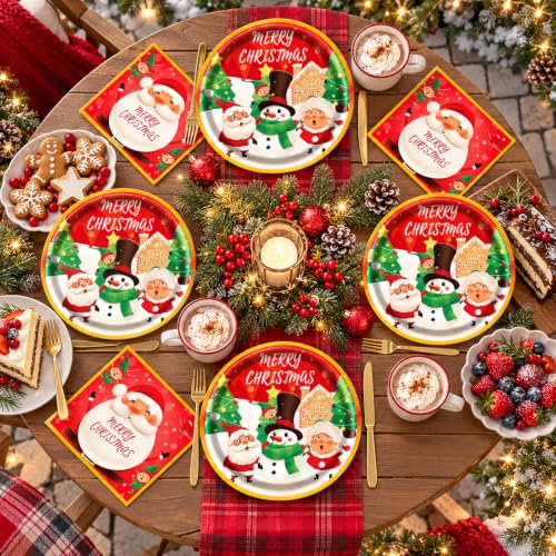 EVYIENEN 40PCS Christmas Paper Plates & Napkins Set, Santa Snowman Trees – Christmas-40PCS
