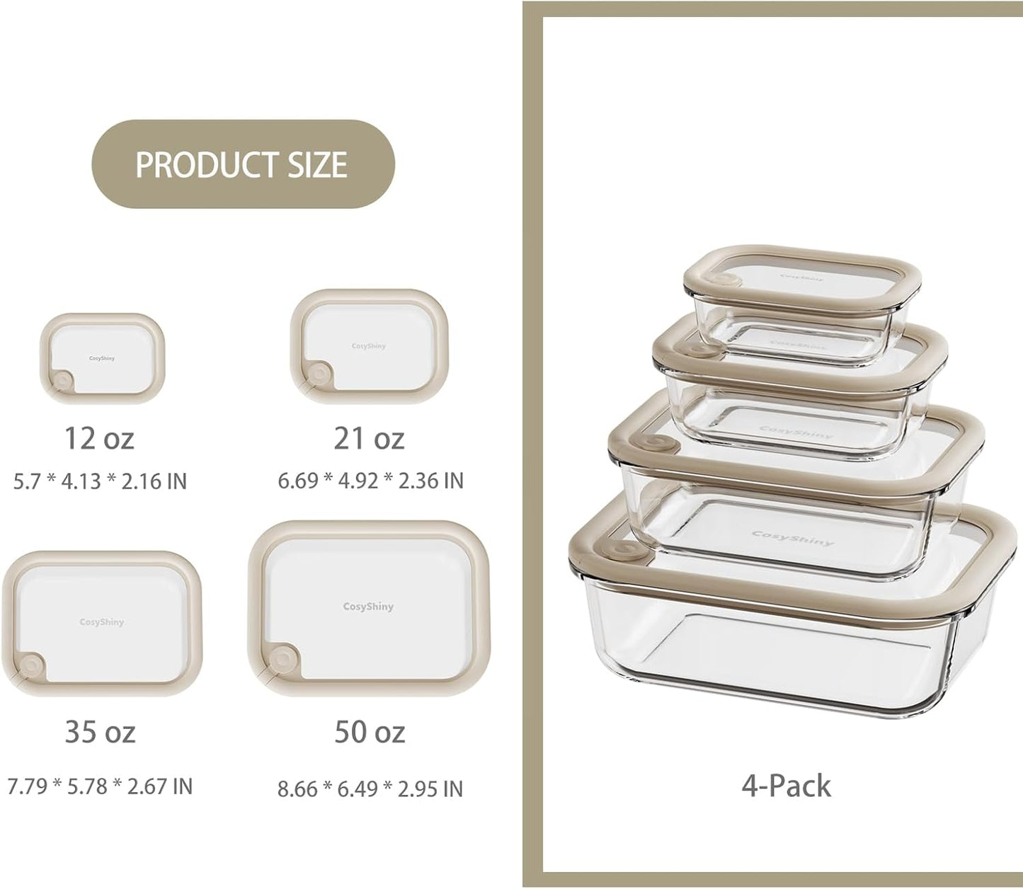 Skiennix Glass Food Storage Containers - Leakproof Silicone Lids | 4-Pack Set (12-21-35-50 oz, White)
