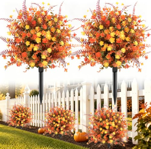 Artificial Fall Mums Topiary Trees - 24 Inch Outdoor Faux Chrysanthemums with Stakes, UV Resistant for Porch & Garden