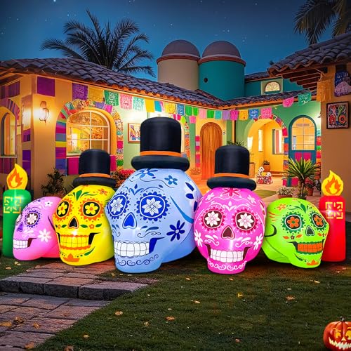 7FT Halloween Inflatable Skull Decoration with LEDs - Dia de Los Muertos Yard Decor