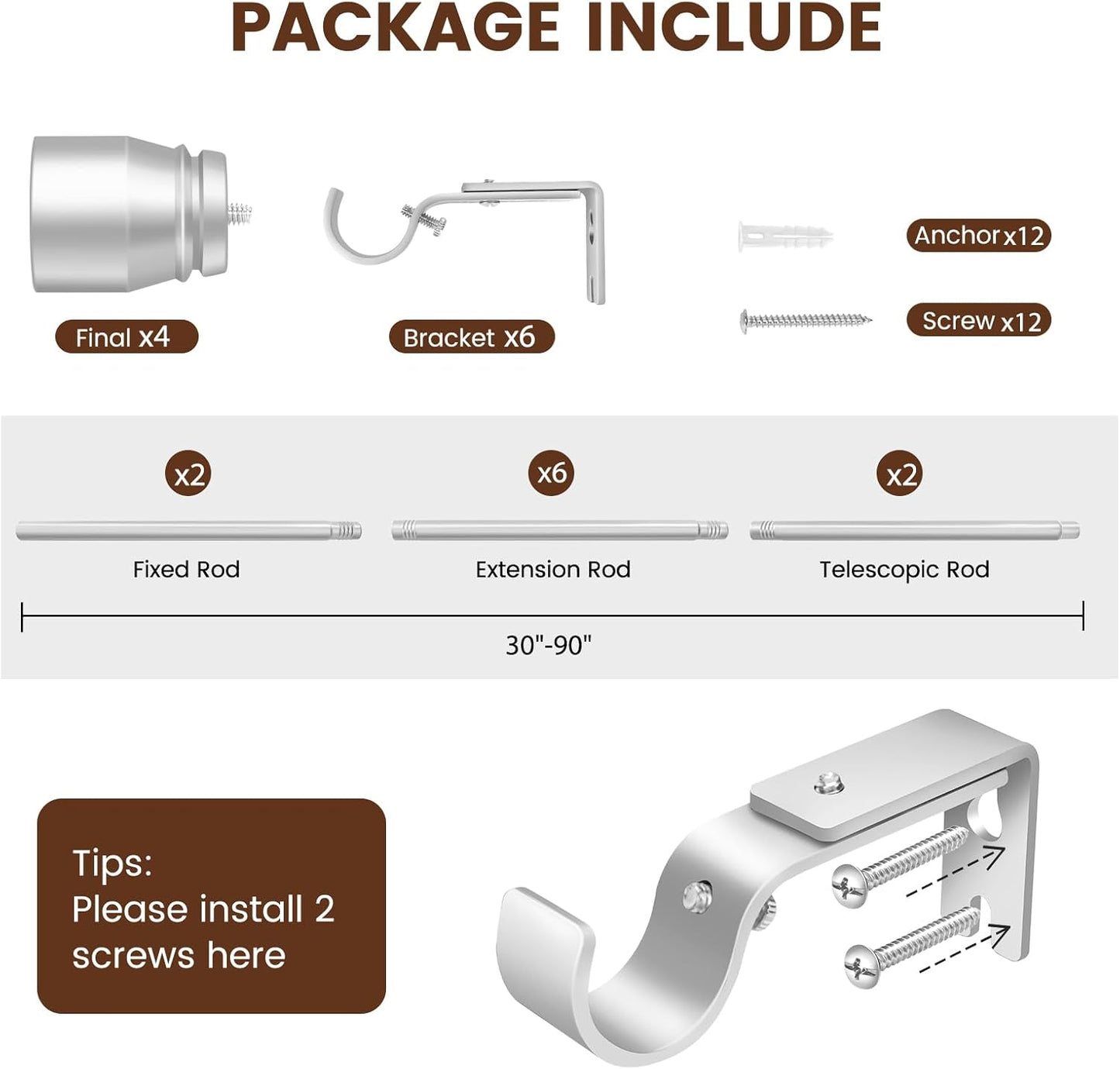 Skiennix 1” Diameter Silver Curtain Rod - Adjustable 30-90 Inch for Heavy Duty Window Treatment