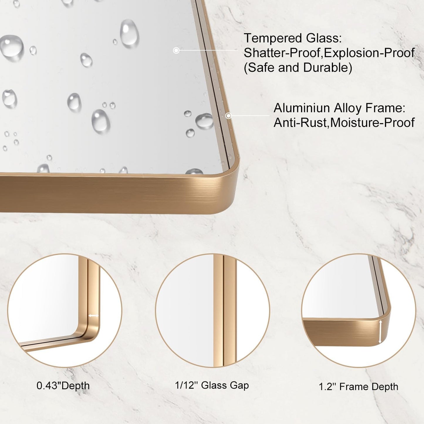 LOAAO Gold Bathroom Mirror - 48”X36” Rounded Rectangle Design | Anti-Rust Tempered Glass, Wall-Mounted