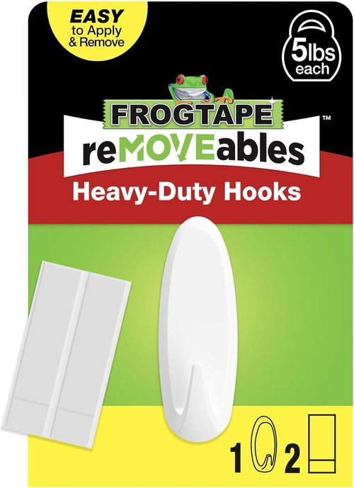 FrogTape ReMOVEables Heavy Duty Wall Hooks - No Damage & Easy to Remove - White - Holds Up to 5 lbs (Pack of 1)